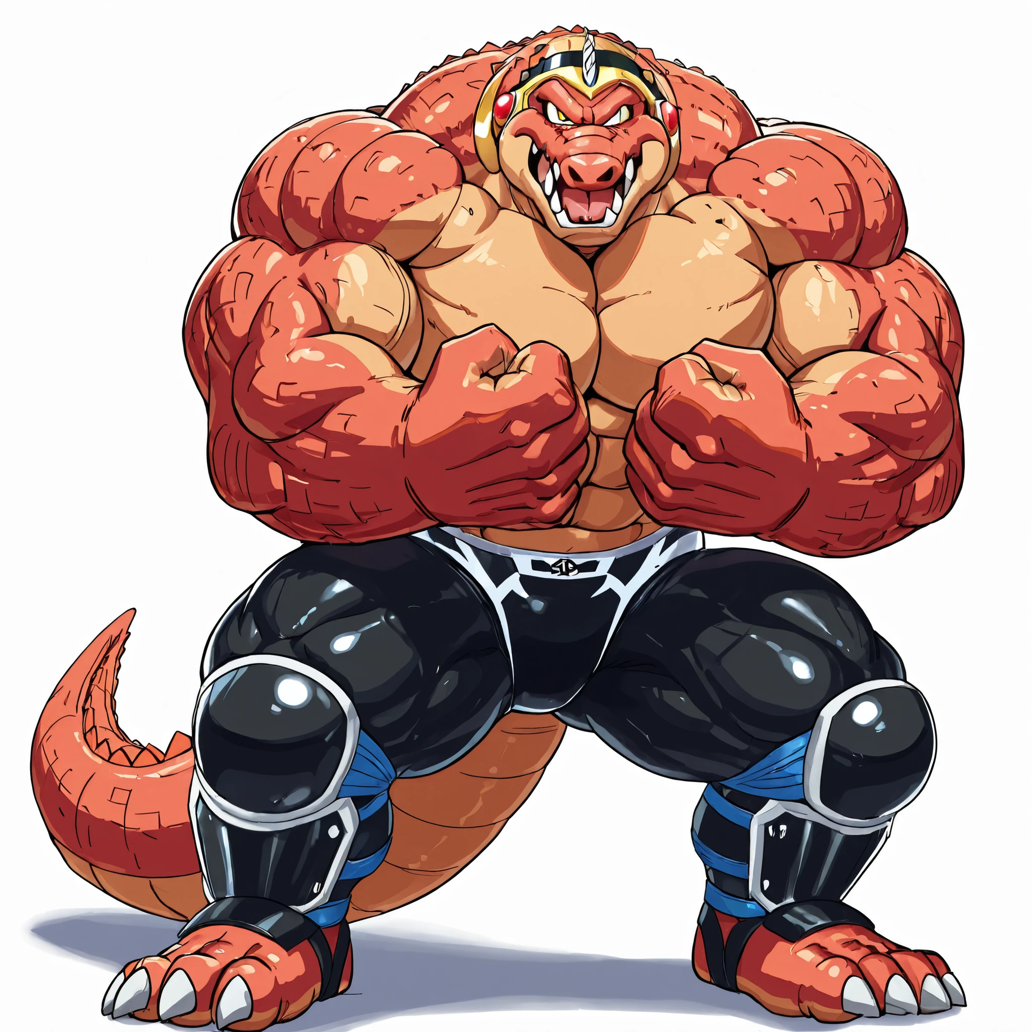 solo, Crocodine - Dragon Quest, naked, heavy weight bulky muscular, massive strong large body, big pectoral muscules, thick tighs, looking at viewer, roaring, large fang, thick long tail, strong posing, looking at viewer, wearing black wrestling pants, glossy rubber, fullbody standing, from below, white background