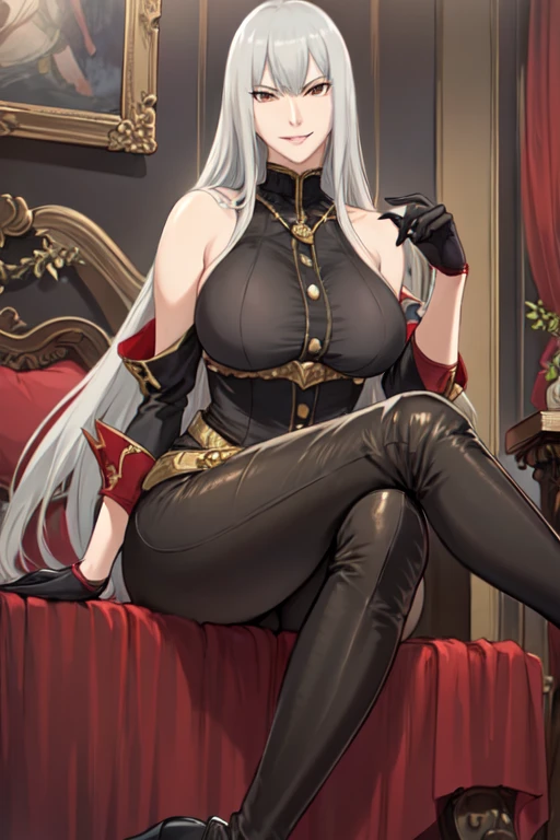 masterpiece, best quality, 1girl, selvaria, black shirt, bare shoulders, detached sleeves, belt, black pants, high heel boots, black gloves, sitting, red velvet chair, indoors, decorated room, looking at viewer, smirk <lora:selvaria-nvwls-v2-000010:0.9>