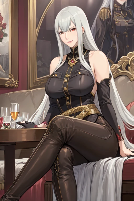 Obra maestra, mejor calidad, high resolution, 1 chica, senos, pelo largo, ombligo, escote, vestido, guantes, elbow guantes, very pelo largo, black guantes, adorno para el pelo, ingle, calzado ?????, black vestido, hendidura lateral, ojos grises, gargantilla, large senos, flor del pelo, freya \(danmachi\), . de pie, tiro de vaquero,