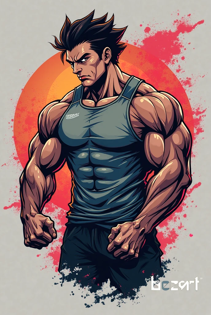 Quero que crie uma imagem na horizontal que represente um before e after conforme a segunda imagem anexa. Quero que a enfase no before e after tenha foco no peito e no tríceps. i.e., in the image on the left (before) I want the character to have small chest and arms. Already in the image on the right (after) I want the character to have big chests and bigger arms highlighted in red. 

I want the image style to be similar to the first image. The image presents the style of a **digital illustration** with a focus on **hyper-realistic muscular physique**. The character is an extremely muscular man, with exaggerated features that accentuate his muscles. The body is outlined with great precision, highlighting each muscle group, including the pectorals, abdomen, bíceps, and triceps. The colors used are predominantly skin tones, with brown shadows to give depth and realism to the muscles.

Key features include:

- **styled:** Digital illustration with exaggerated realism.
- **colors:** skin tones, ranging from light to medium, with brown shadows to create a three-dimensional effect on the muscles.
- **fund:** The background is completely white, which helps to highlight the character.
- **texture:** The skin texture is smooth, but with lines outlining the muscles, giving an appearance of extreme muscle definition and rigidity.
- **Proportions:** The proportions are exaggerated to highlight the character&#39;s strength and physical form., with broad shoulders, expanded chest and narrow waist.
- **Facial expression:** The face is serious, focusing on masculine traits, like square jaw and fixed gaze.

This illustration is typical of styles used to represent heroes or superpowered characters in comics or games., where the focus is on an idealized display of the human body.