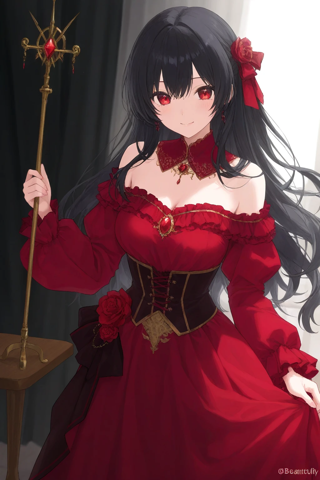 1 girl , long black hair, Red eyes, wedding dress , big breasts, clear skin, happy face