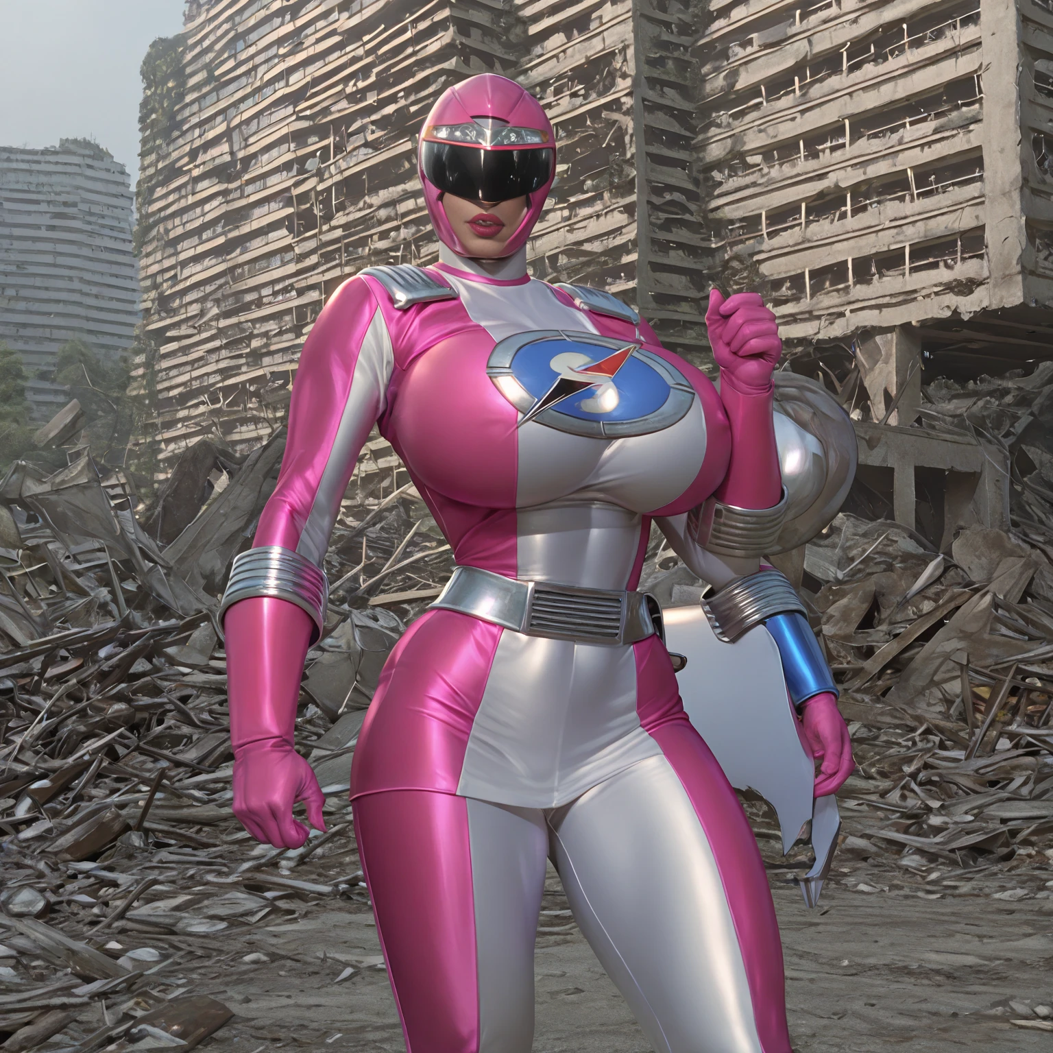 (masutepiece:1.1, Best Quality:1.1, 16 K, High resolution), 1womanl, (Ultra-realistic portrait of the Pink Power Ranger), Ultra-detailed, Illustration, (full :1.7, Nipples:1.7, Show me her shaved armpits:1.5, gloves, sentai helmet, full face helmet:1.35, Pink helmet, Pink boots, Gray leggings:1.15, White Gloves), (Sit down, tied up with ropes, In an abandoned hut, farms), ((super gigantic breast:1.35, SuperHuge boobs:1.35, ultra gigantic tits:1.35, Perfect slim body style:1.2)), hyperdetailed face, ultra detailed skin texture,