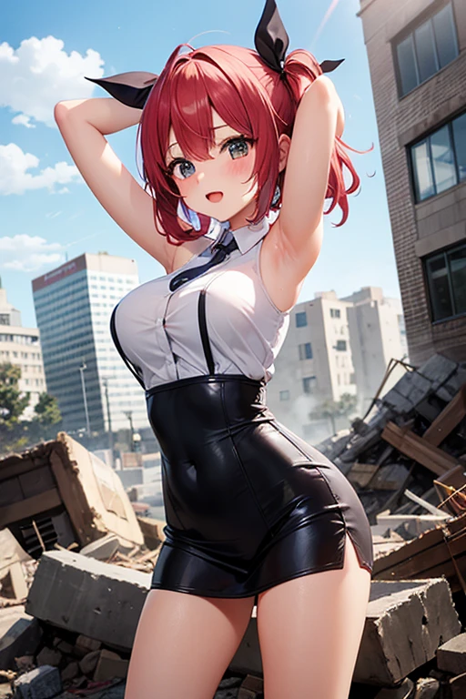 Masterpiece, best quality,from side,Kousaka honoka, blue eyes, (orange hair:0.8), white head band, strapless ,Camouflage paint leotard, (exposed ass cheeks:1.2), big breasts , looking back, standing,in future ruins , confident, serious