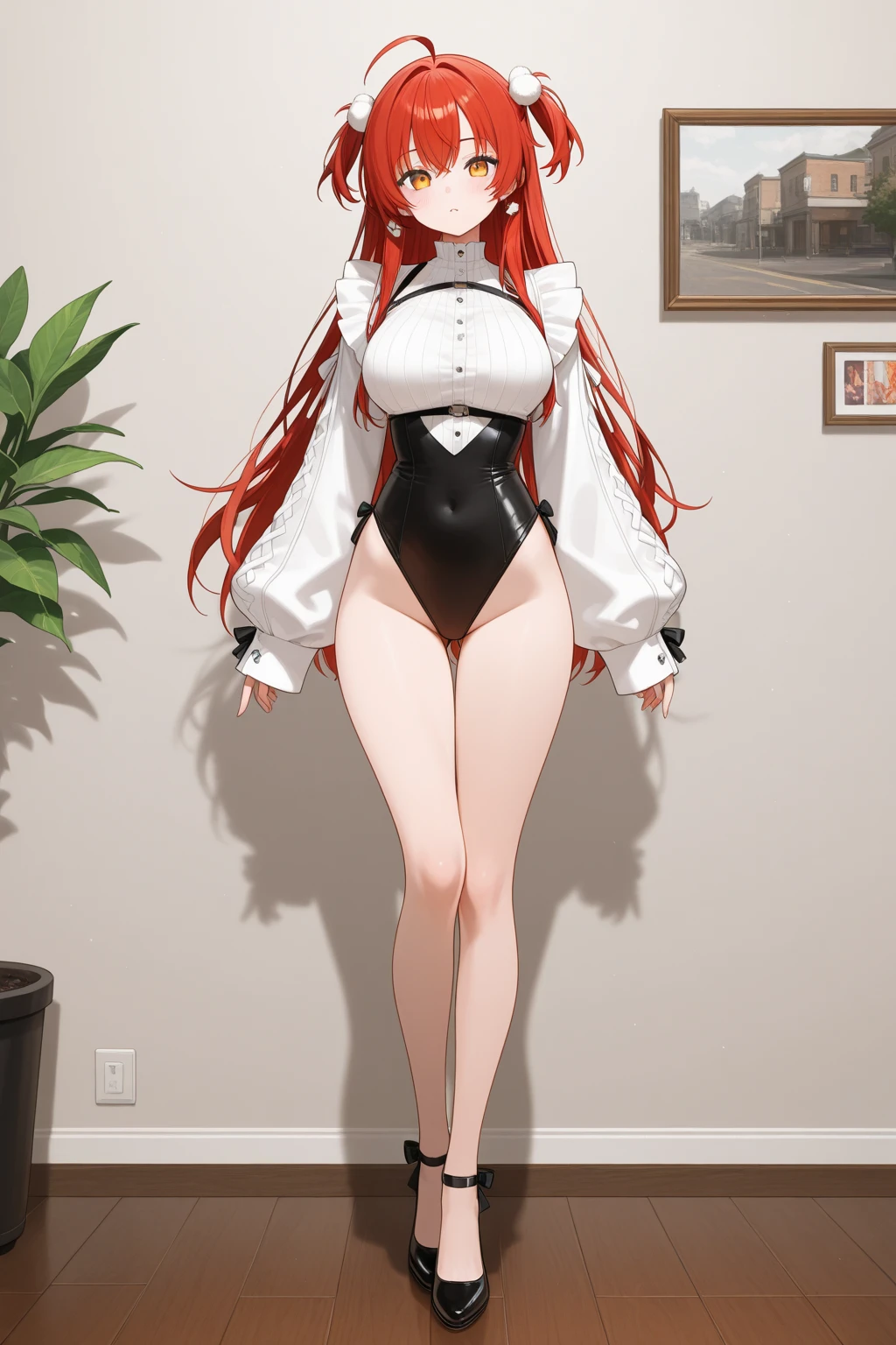 masterpiece, best quality, extremely detail 8k cg, high resolution, 1girl, mei terumi, red hair, top knot, emerald eyes, thin body, slim waist, undersized bra, huge breasts, skindentation, cleavage, underboob, sideboob, bursting breasts, highleg panties, thighhighs, seductive face, indoors, bedroom, beautiful face, full body photo