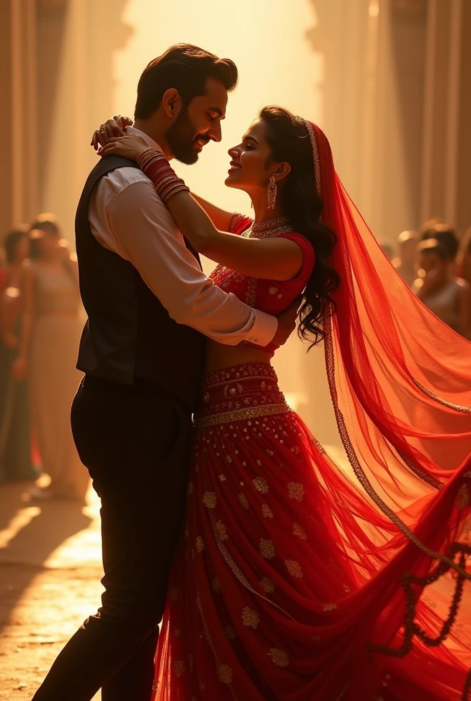Create a realistic photograph of a smiling and beautiful indian actress in red satin carrying a large man on her shoulders in a room, man is sitting on top of her shoulders , man on top, woman at bottom , she is bending down