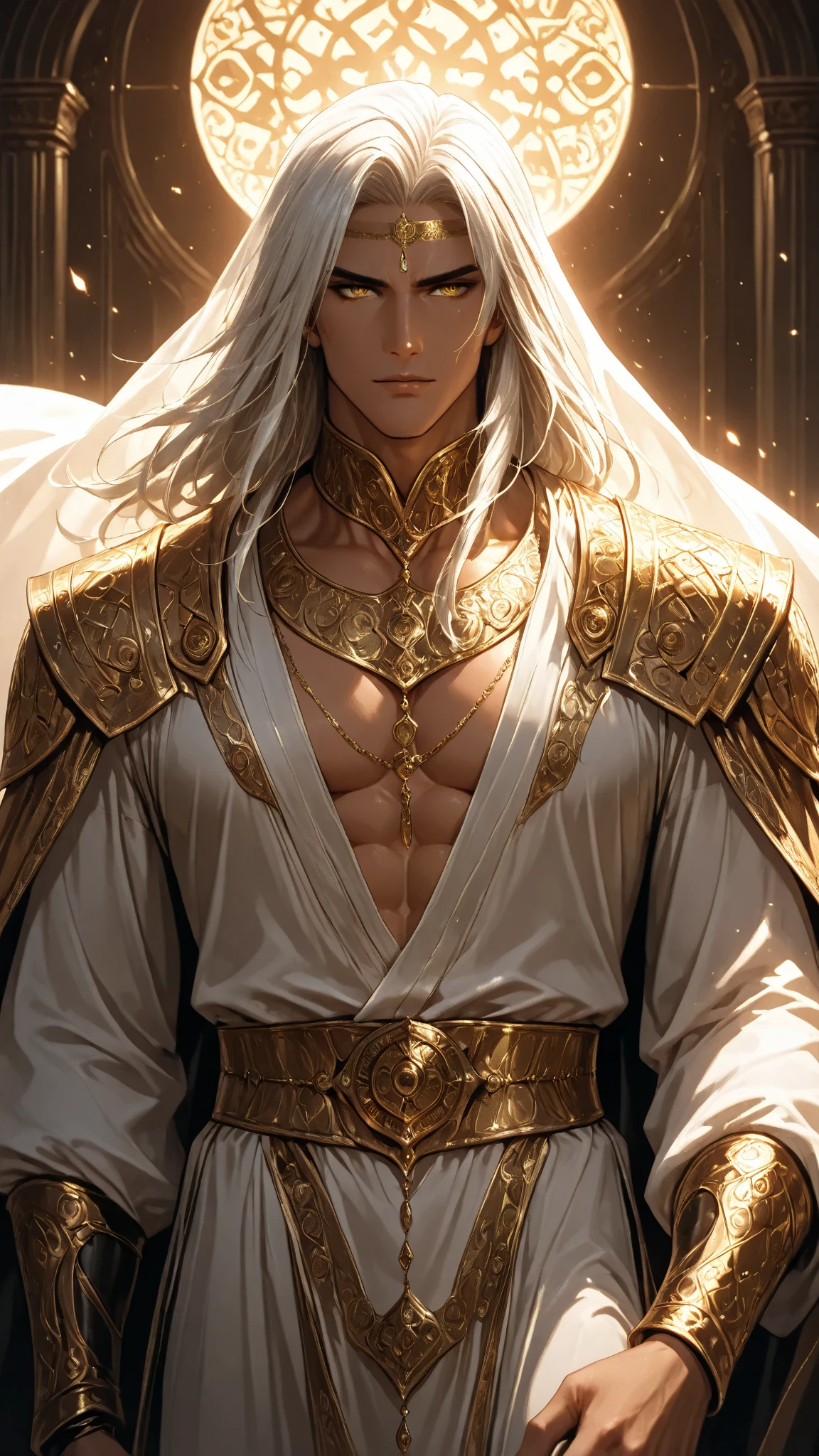 masterpiece, highest quality, (solo focus), (perfect face:1.1), (high detail:1.1), dramatic, 1guy, (tan skin), long white hair, amber eyes, [light eyebrows], solo, long hair,  luxury Egyptian suit, covered navel, pouty lips,  luxury Egyptian palace, detailed background, art by artgerm and greg rutkowski,  cinematic lighting, roses, laying on bed sideways