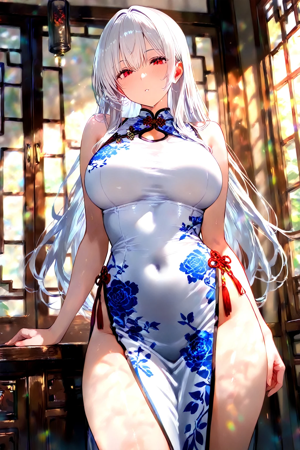 (((masterpiece, best quality))), (((superior quality))), cute girl, ((extremely detailed girl)), ((huge breasts)), yukata, bare shoulders, strapless top, long silver hair, happy