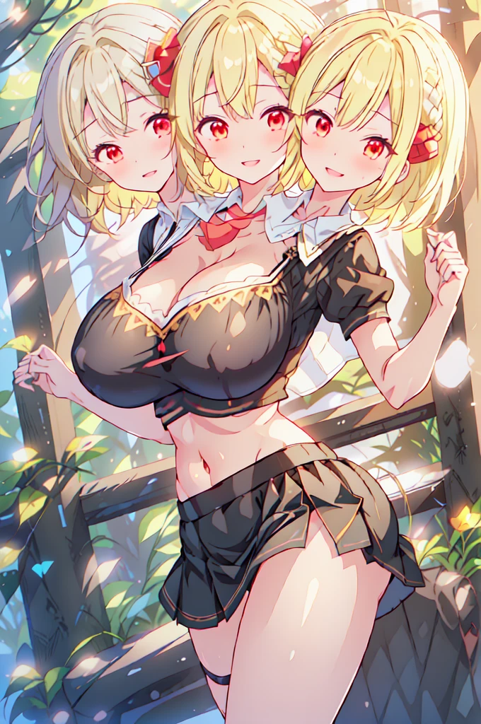 (masterpiece, best quality), best quality, (ultra-detailed), (3heads:1.5), 1girl, (rumia:1.3), masterpiece, best quality, ultra quality, ultra resolution, ultra detail, black top, crop top, ((stomach)), midriff, ((groin)), black skirt, normal ears, shackles, blonde hair, very long hair, wavy hair, short hair, red eyes, parted lips, cowboy shot, open belly, smiling, enthusiastic smile, cute, toned belly, hand on own chest, eyelashes, (23 year old woman:1.3), (masterpiece:1.5), (best quality:1.5), (beautiful detailed), extremely detailed CG, extremely delicate and beautiful, depth of field, (finely detailed face), (perfect details:1.2), (mature female:1.3), wide pelvis, slender, large veiny breast, 16k resolution, highres, very high quality, very high definition, extremely detailed, masterpiece, blonde hair, long hair, alluring presence, braid, short skirt, close up, very big tits, huge breasts, young, hair ribbon, red ribbon,
