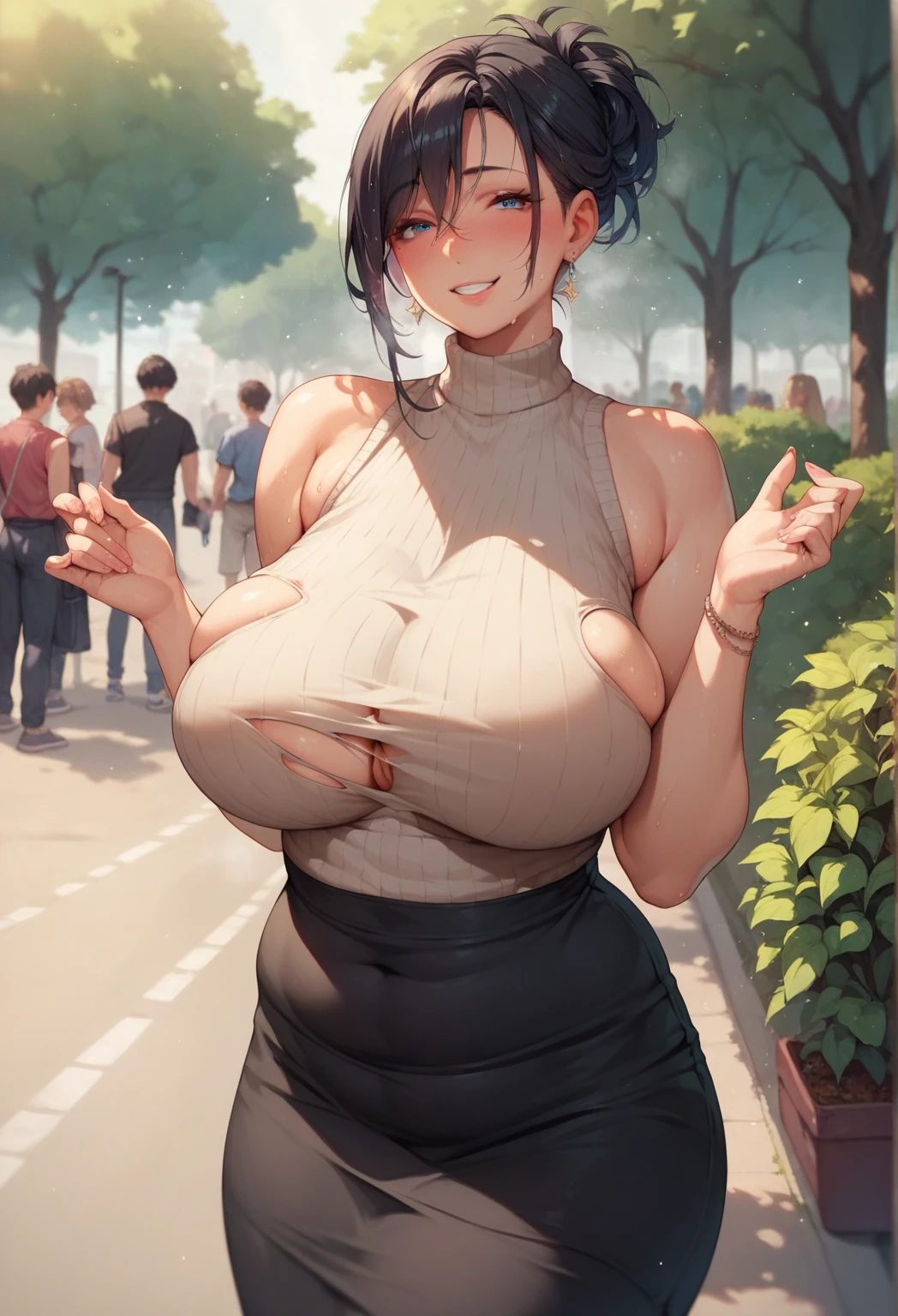 seductive japanese woman,plump body,huge breasts,long black skirt,blushed and smile,at public park,sweaty,at midnight,sleeveless sweater,black hair,