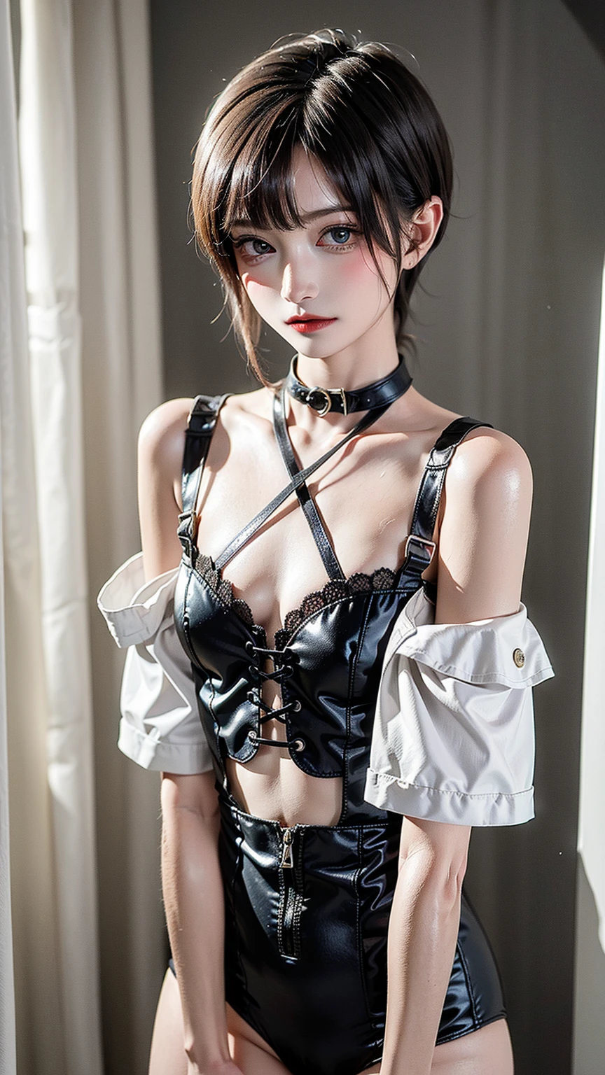 (in prison cell), (shibari), (((top quality, 8k, masterpiece: 1.3)), crisp focus: 1.2, beautiful woman with perfect figure: 1.4, slender abs: 1.2, ((layer cut, big: 1.2)), (rain, street: 1.2), wet body: 1.5, highly detailed face and skin texture, detailed eyes, studio,BDSM,slave,blue corset, Bondage