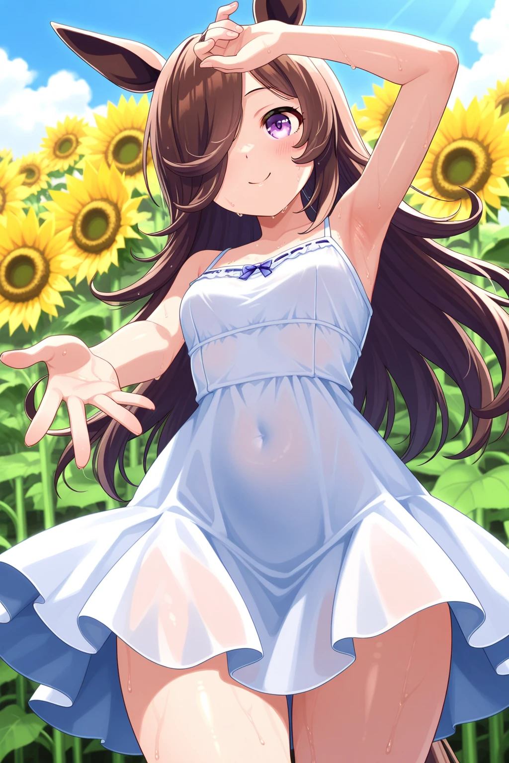 masterpiece,best qualitiy,high detail,1girl,(petite),blush,small breasts,black longhair,sweat, sunflower field,hot<lora:ega:0.7>,speech bubbles,heart,open mouth,white summer dress