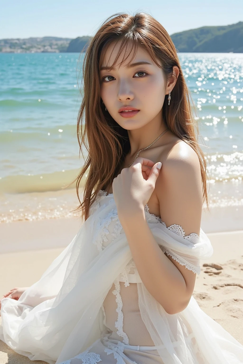 (masterpiece), (Highest quality), (Very detailed),(Disheveled Hair),(shape), (One Girl), (Summer clothes), Are standing, Fashion Model, View your viewers, (interview), (Beach),Beautiful details, Delicate and beautiful face, floating,(High saturation),(Colorful splashes),Colorful bubbles,(The Shining), Focus on the face, Hair Ring, Floating Flowers, Floating Hair, (The Shining), Best lighting, Best Shadow,