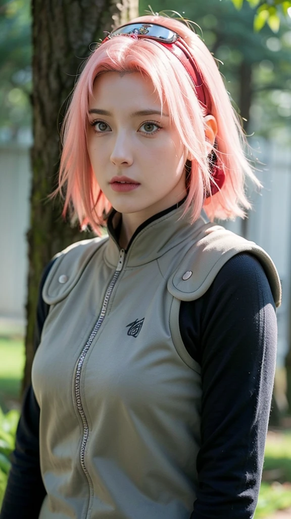 Real life adaption of this character,her name is sakura haruno from anime Naruto,she has a realistic same pink hair,tatto, realistic same outfit, beautiful korean teen face, she has green eyes color, realistic light, realistic shadow, realism, hyper realistic,(photorealistic:1.2)