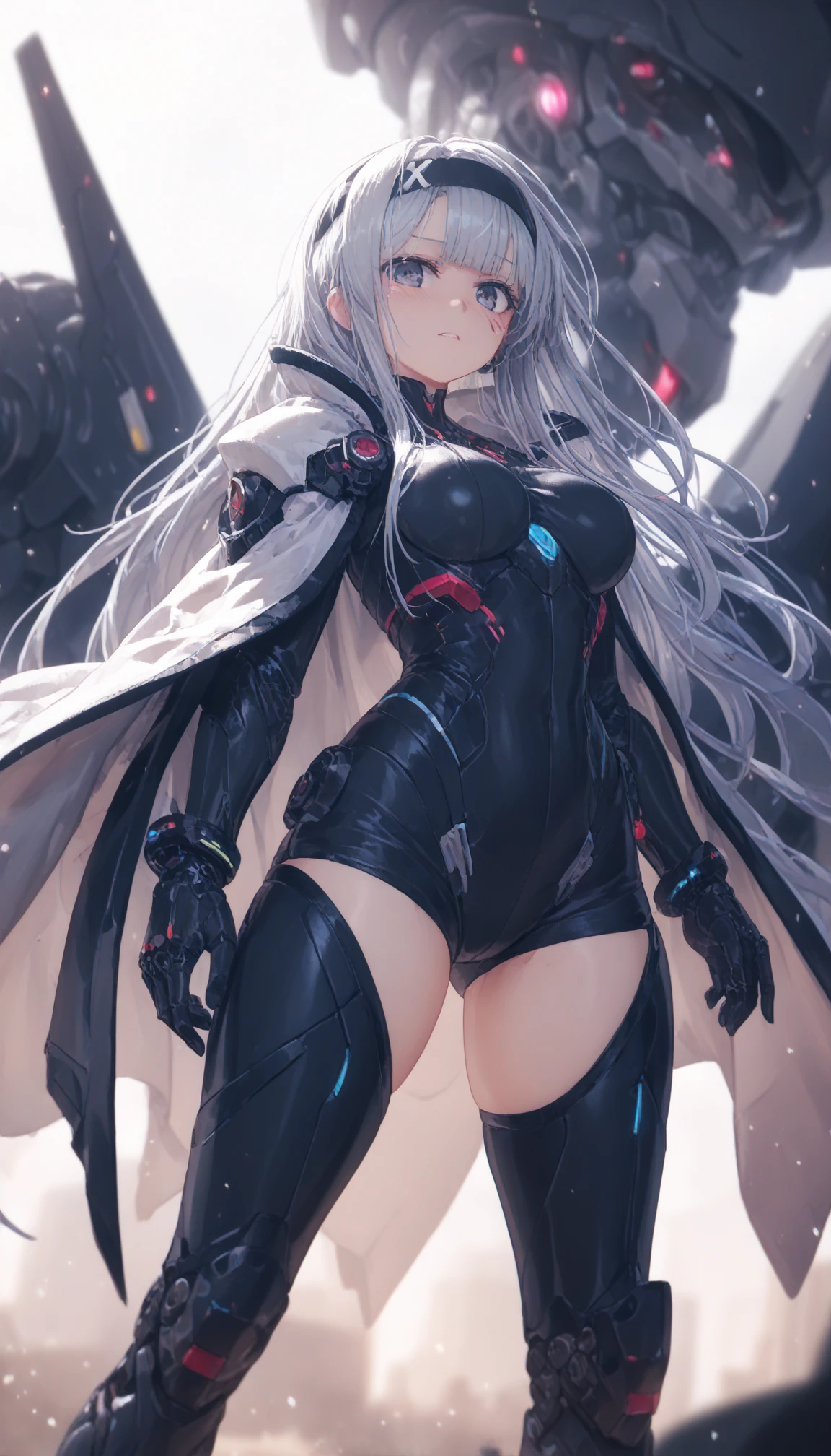 Flat chest, poor milk, white hair, anime poor milk girl long hair, black clothing, black background front, full body concept, full body can be used, cyborg, necromancer, poor milk girl, anime full body illustration, anime poor milk woman full body art, anime poor milk characters, full body art, 2D anime style, full body, flat_chest