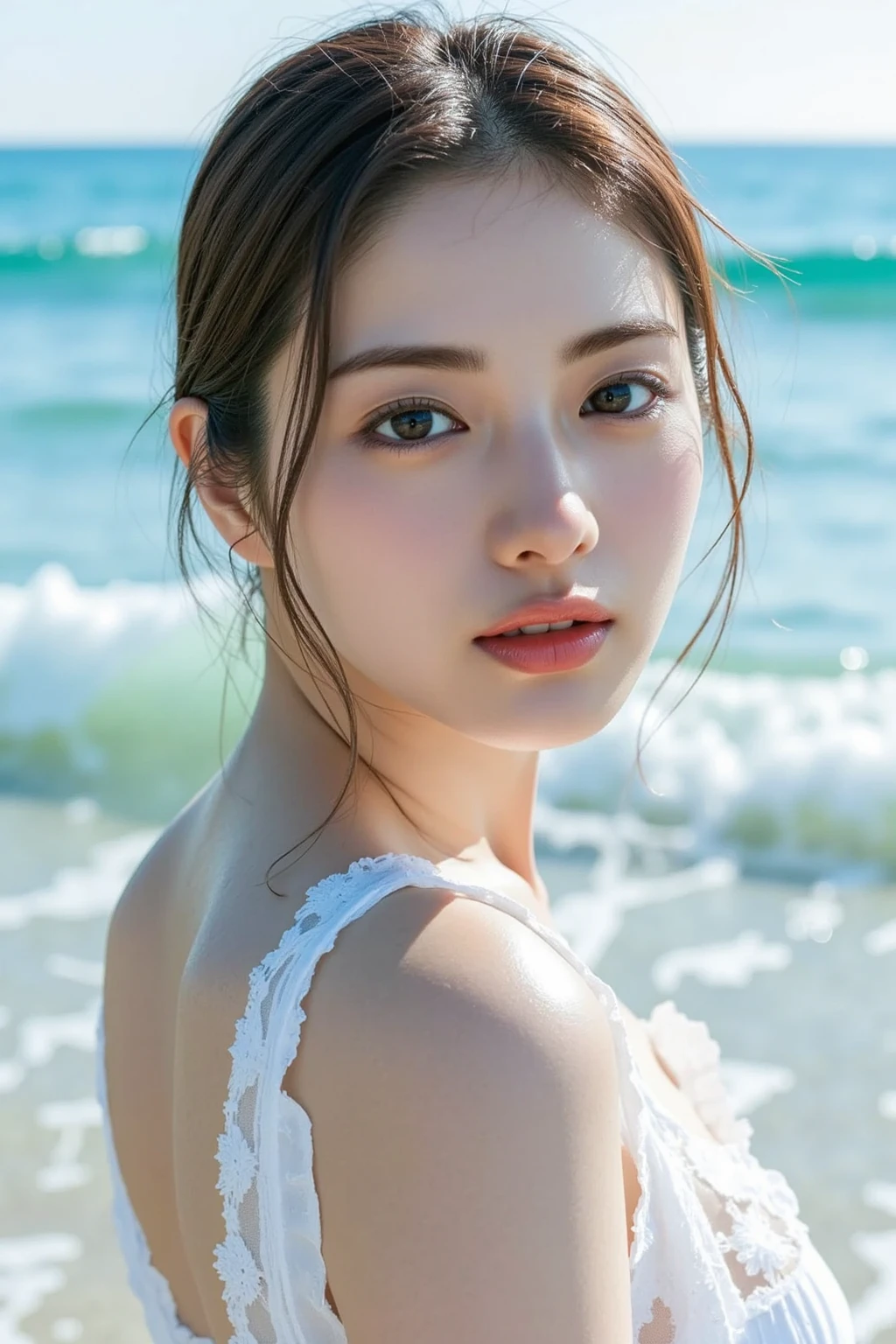 (masterpiece:1.3), (8k, Realistic, RAW Photos, Best image quality: 1.4), Very cute woman in Japan、(Random Hairstyles:1.2)、Very small breasts:1.4、Very detailedな顔、Attention to detail、double eyelid、Sharp focus:1.2、Beautiful woman:1.4、Light brown hair、highest quality、masterpiece、超A high resolution、(Realistic:1.4)、Very detailed、Face in natural light、Ruffled Bikini、Shoulder out、Natural Makeup、mole、Dimples、(((Seaside,Plump,Tie a pareo around your waist,Full Body Shot))),