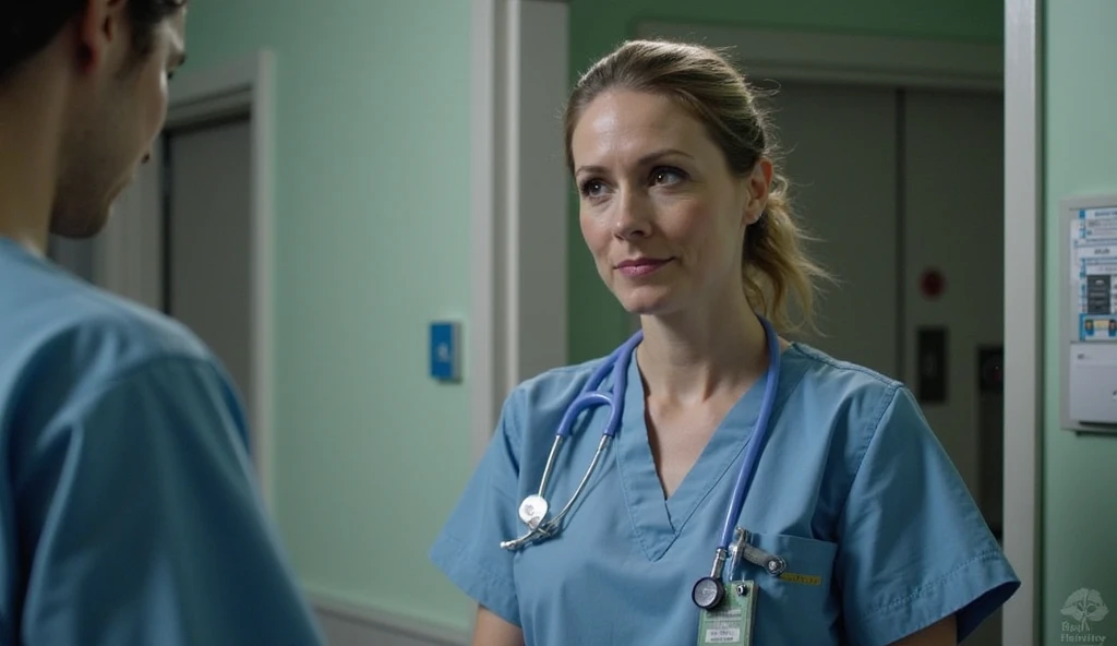 HD photo of beautiful mshn_krissylynn dressed as a nurse in green scrubs, long curly hair, (closeup:1.3)