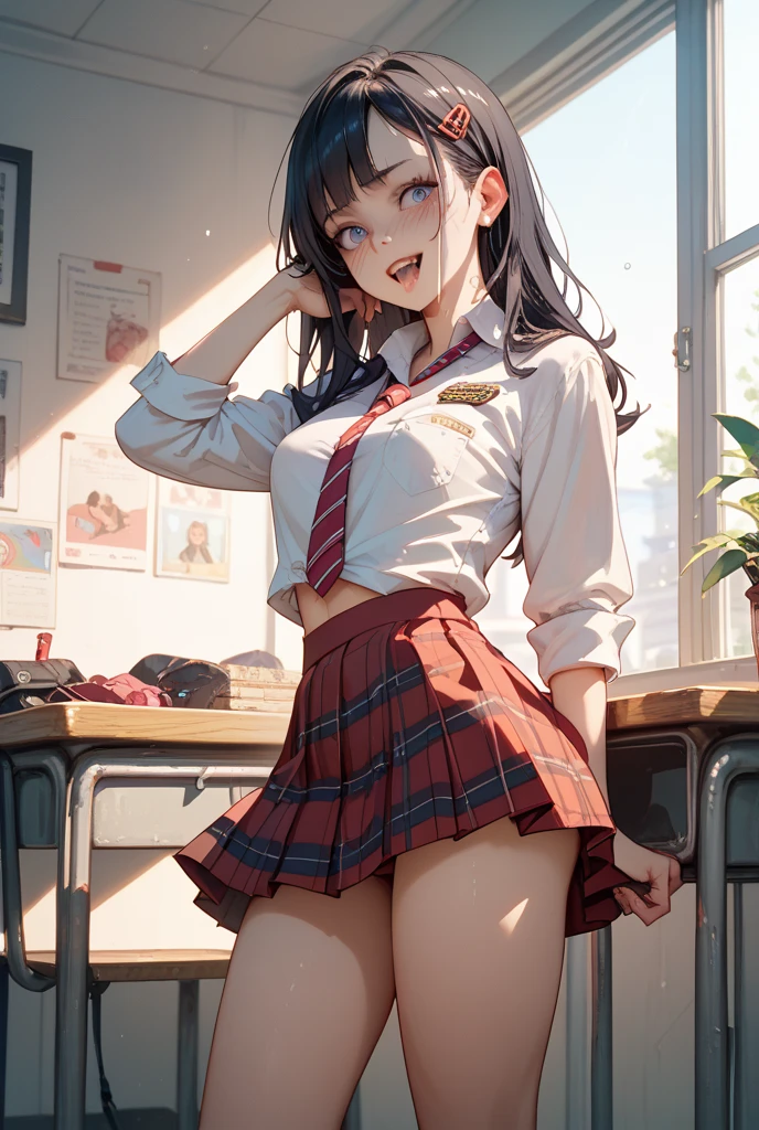 1 girl, 16 years old, Dynamic posing, different pose, Arrange pose,Top quality work, twin tails hair, Show Legs,(long white hair),(blue eyes), Rose cheeks, Pretty Face, A perfectly proportioned face, school white shirt with red bow and black skirt, shirt tucked into skirt, (school uniform), (school white shirt), white stockings,school, in classroom, round small breasts