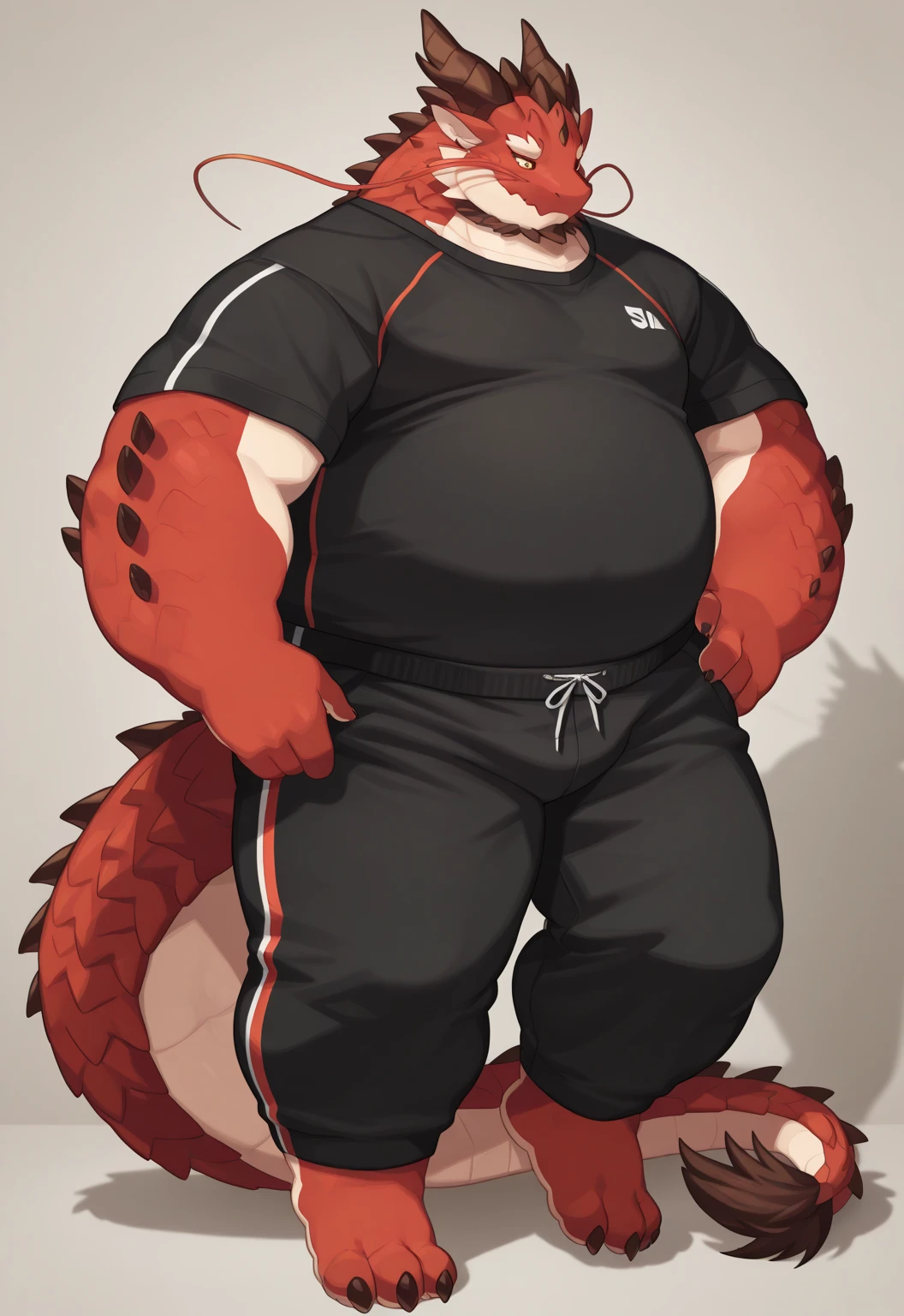 lucusold, lanxus, a man with a huge belly, furry dragon, fat ripped, chubby, more chubby , thicc, lowres, giant and fat, danbooru and artstation, heavy detailed, insanely inflated hips, topless, shorts, proportionally enormous arms, fluffy chest, hairy chest, hairy belly, hairy arms, commission for high res, detailed but rough, semirealistoc:1.3