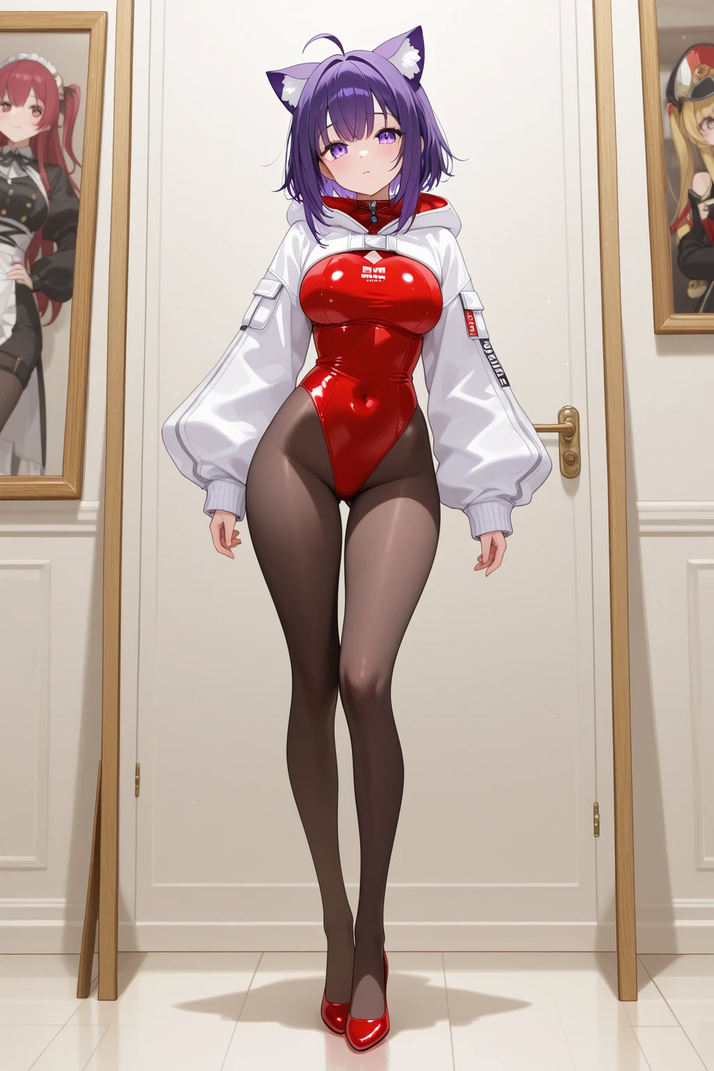 ((masterpiece)), ((highest quality)), High resolution, 1 girl, alone, Green suit and tie, panties、barefoot, matching shoes, looking at the viewer, urban background, perfect hands, perfect eyes, The perfect leotard, perfect legs, perfect arms, perfect fingers, medium breasts, Are standing, purple hair, short hair, bob hair, blue eyes, Are standing, (whole body),白いpanties