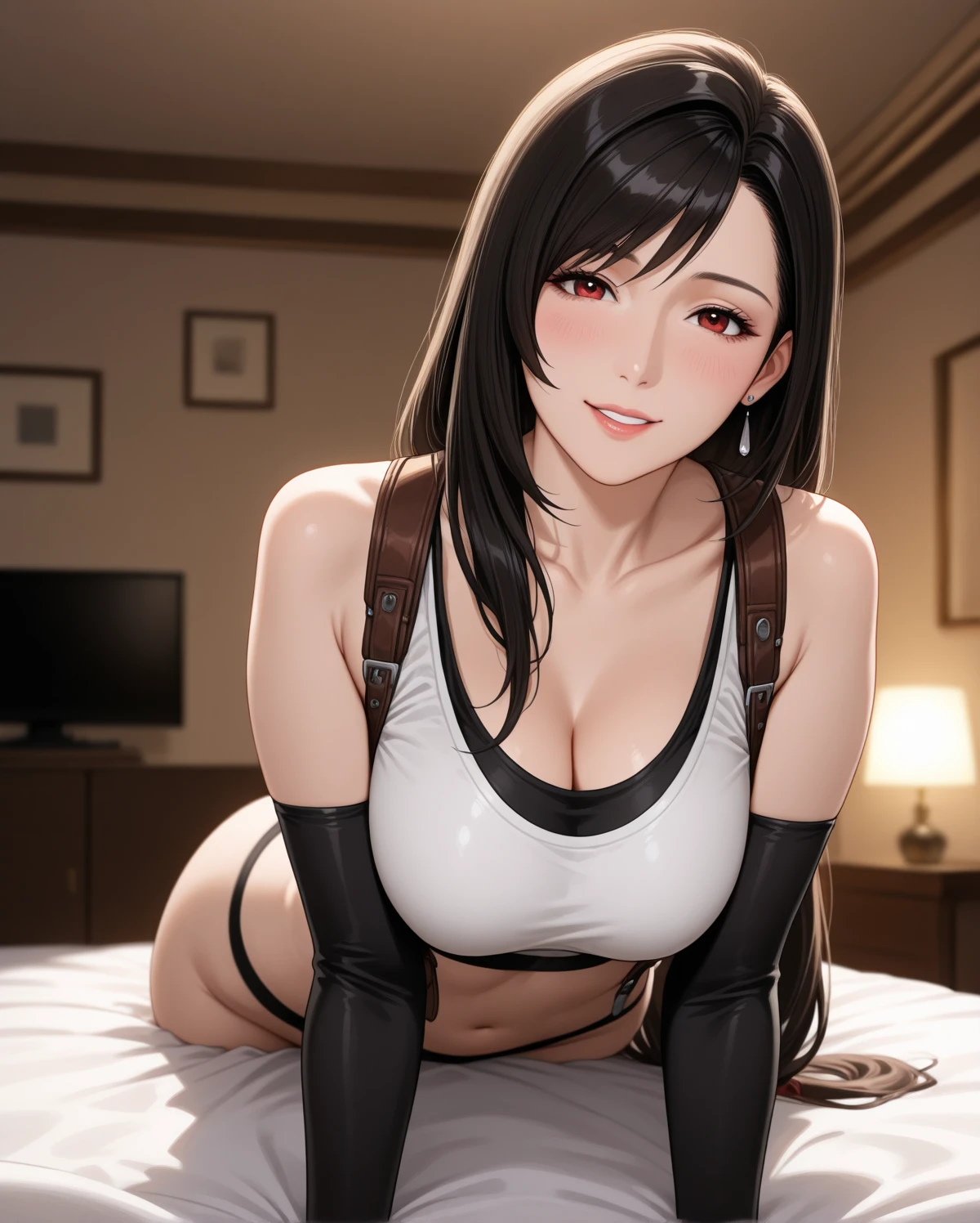 (masterpiece, best quality), 1girl, higly detailed breasts, perfect nipples, highly detailed (face, eyes, skin), clothes lift, solo, hair ornament, hairclip, long hair, medium breasts, shirt lift, looking at viewer, lips, upper body, navel, no bra, bedroom, <lora:garnettilalexandros_smf_lora_e02:1> garnet-smf, orange bodysuit, bodysuit, choker, long hair, necklace, brown eyes, brown hair,