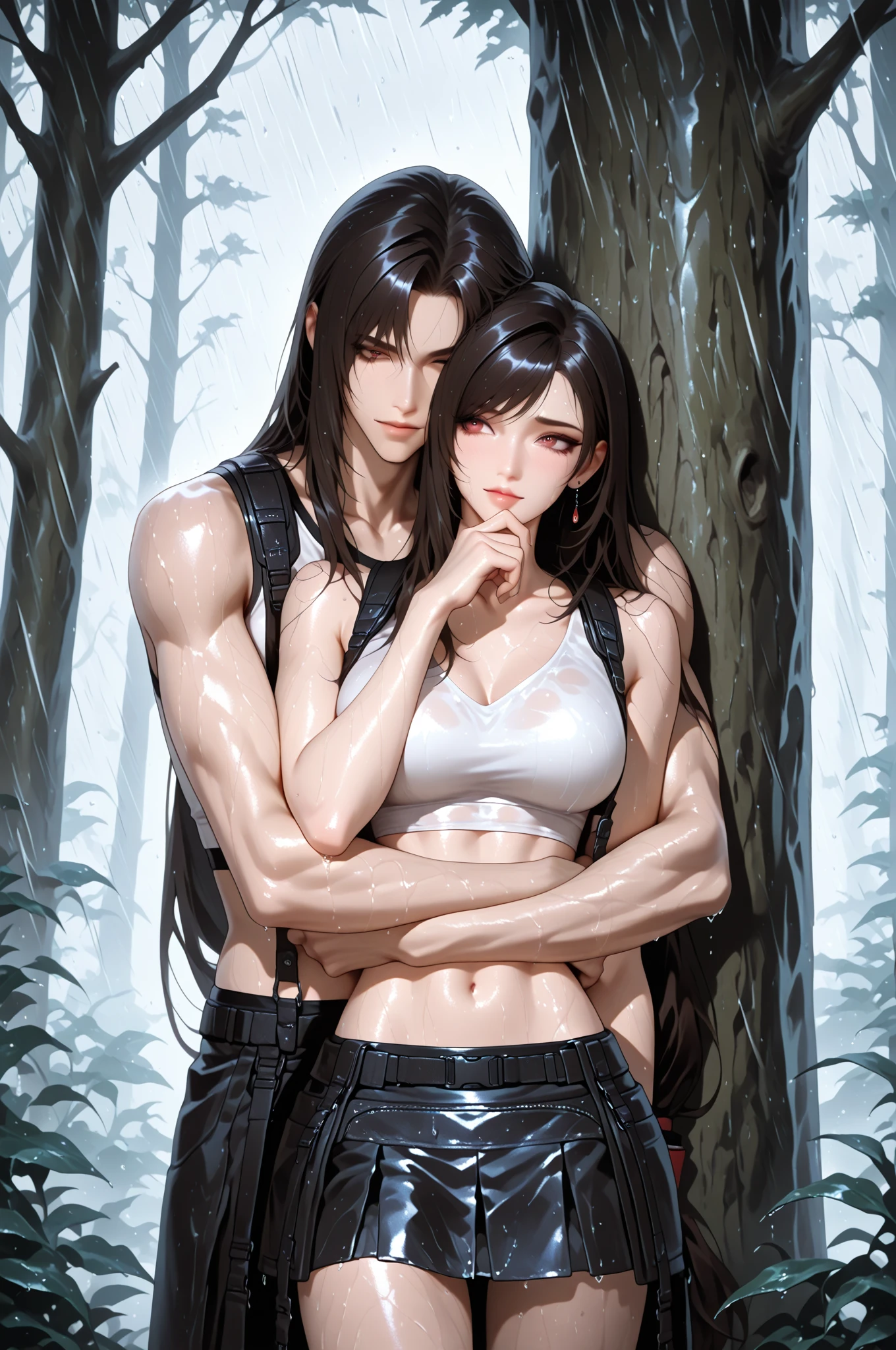 Woman with big breasts and long black hair with her boyfriend with black hair stylish hairstyle couple together with Boston Celtics shirt