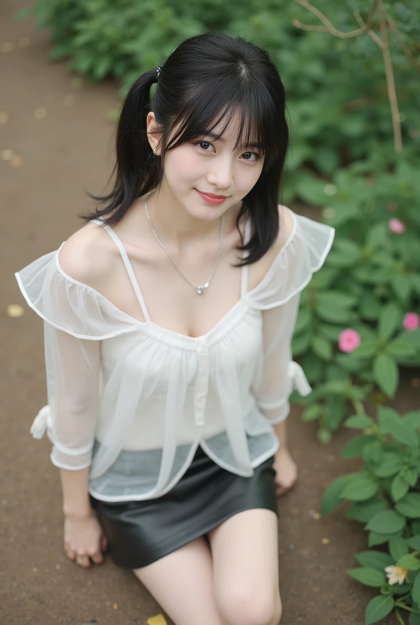 masterpiece、beautiful Japanese woman、detailed description、1 girl、16 years old、(idol style super cute face)、(white, transparent clothes、short leather skirt)、dark haired、Slightly long twin tails、natural atmosphere、depth of field、(angle from above)、Smile Yan