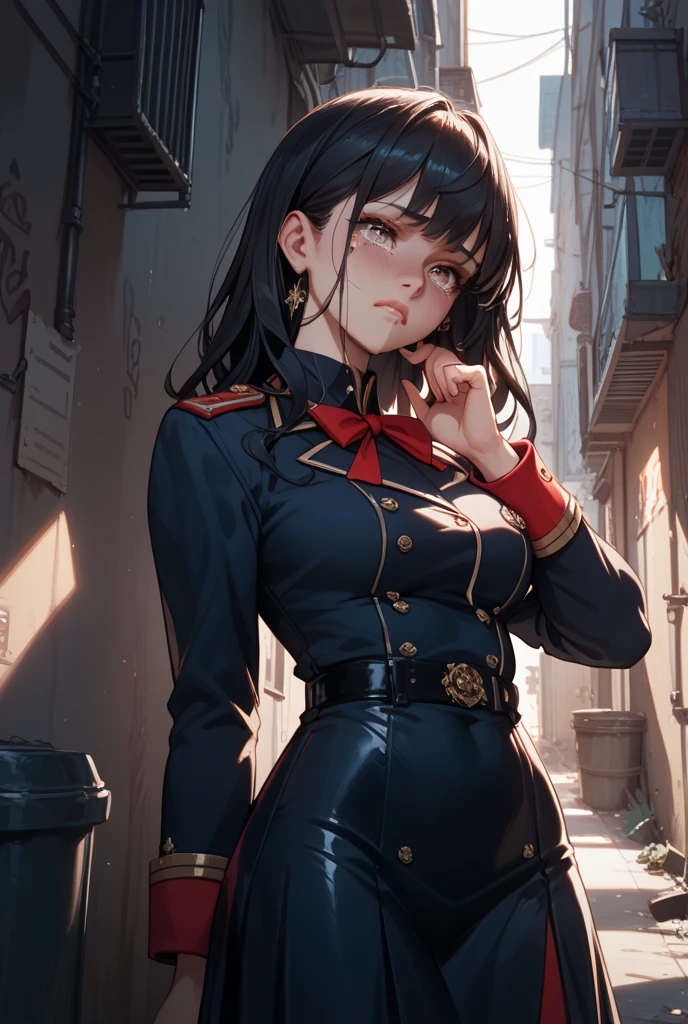 High resolution、masterpiece、1 girl in、Bjorf、A dark-haired、short hair with long locks、white headband、look for、Kamimei、bending forward、smile、bring your face closer、Red eyes、gold earrings, leotard white, bare legs, police uniform, police hat, long sleeve, tie, in the city,