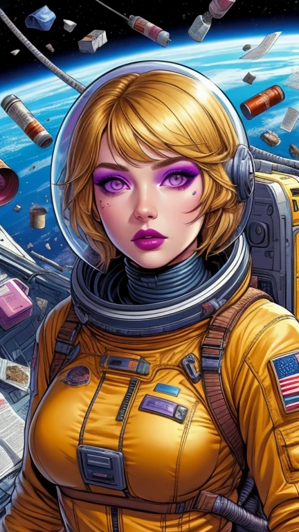 1girl, 1monster, Samus Aran, zero suit, large breasts, eyes blue (detailed:1.0), intense pleasure, realistic, curly hair, blondie, thin, source_anime, ponytail, cute, space ship, surprised on face, kitchen on space ship, side view, monster rippes zero suit samus on breast, rippes suit