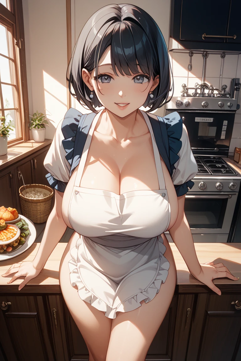 (dynamic angle:1.3, front view:0.9, breast focus:1.3, from below:1.2), (dynamic posing:1.5, sexy posing:1.3, leaning forward), (seductive smiling:1.3),masterpiece, 1girl, pointed chest:1.3,(double breasted:1.2,under bust:1.2), Amazing Cleavage:1.3, thin waist, big ass, Raised sexy, big breast: 1.2 posed cleavage:1.2、solo, looking at viewer, open mouth, silver bronde hair, blue eyes, bare shoulders, collarbone, sidelocks, hairband, sapphire earrings, indoors, red off shoulder sweater dress, arms behind back, short hair with long locks, blue gold hairband, big side hair, very long side hair is rendered in (masterpiece: 1.2, best quality), with (ultra high resolution) and an exquisite (depth of field). This masterpiece is not only visually stunning but also tells,A scene of cooking in the kitchen