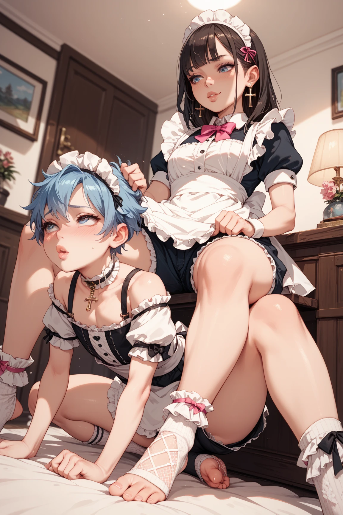 Create an anime-style scene featuring two characters. The first character, positioned at the front and lower part of the image, is a girl with short green hair and a distressed expression, wearing a maid outfit with blue and white accents. She is leaning over a wooden table with her hands and knees on the surface. The second character, standing behind her, has short black hair with a slight purple hue, a neutral expression, and wears a casual beige outfit that reveals her midriff. The background should be a gradient of pink and purple, giving the scene a vivid and dynamic feel. The lighting should be soft, emphasizing the characters' expressions and details of their outfits.