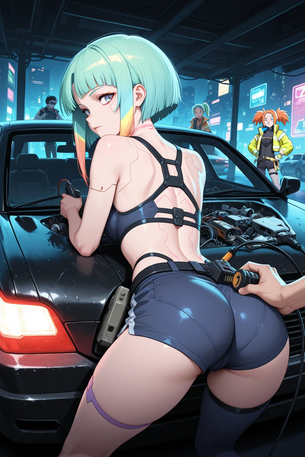 ((high quality)), ((masterpiece)), 8k, Two Girls, car, light, Highly detailed CG Unity 8k wallpaper, CG games, View your viewers, gloves, boots, whole body, clock , computer, mask, Drone, Possession of a gun, Headphones, Jacket, bag, Backpack, Camel Toe, neon,NSFW,beast