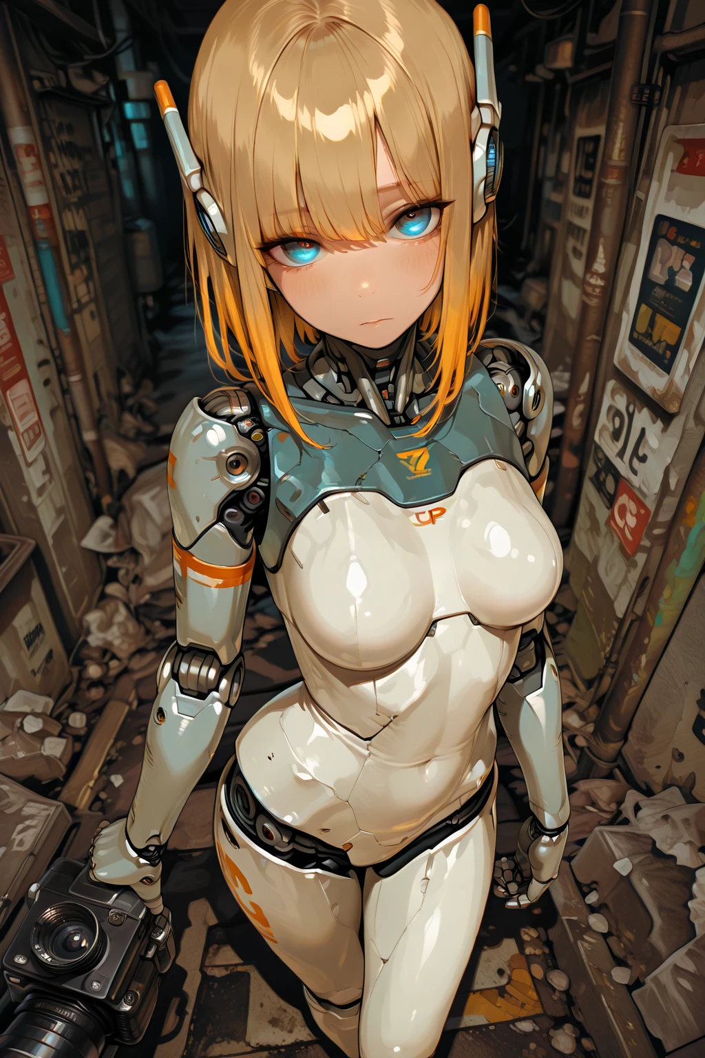 masterpiece, best quality, best shadow, best illumination, finely detail, cowboy shot, (1girl), (robot girl:1.2), (nude), standing, pink hair, long hair, looking at viewer, medium breasts, nipples, (ruins), outdoors, <lora:LuisapHumanoidRobots_v1:0.7>