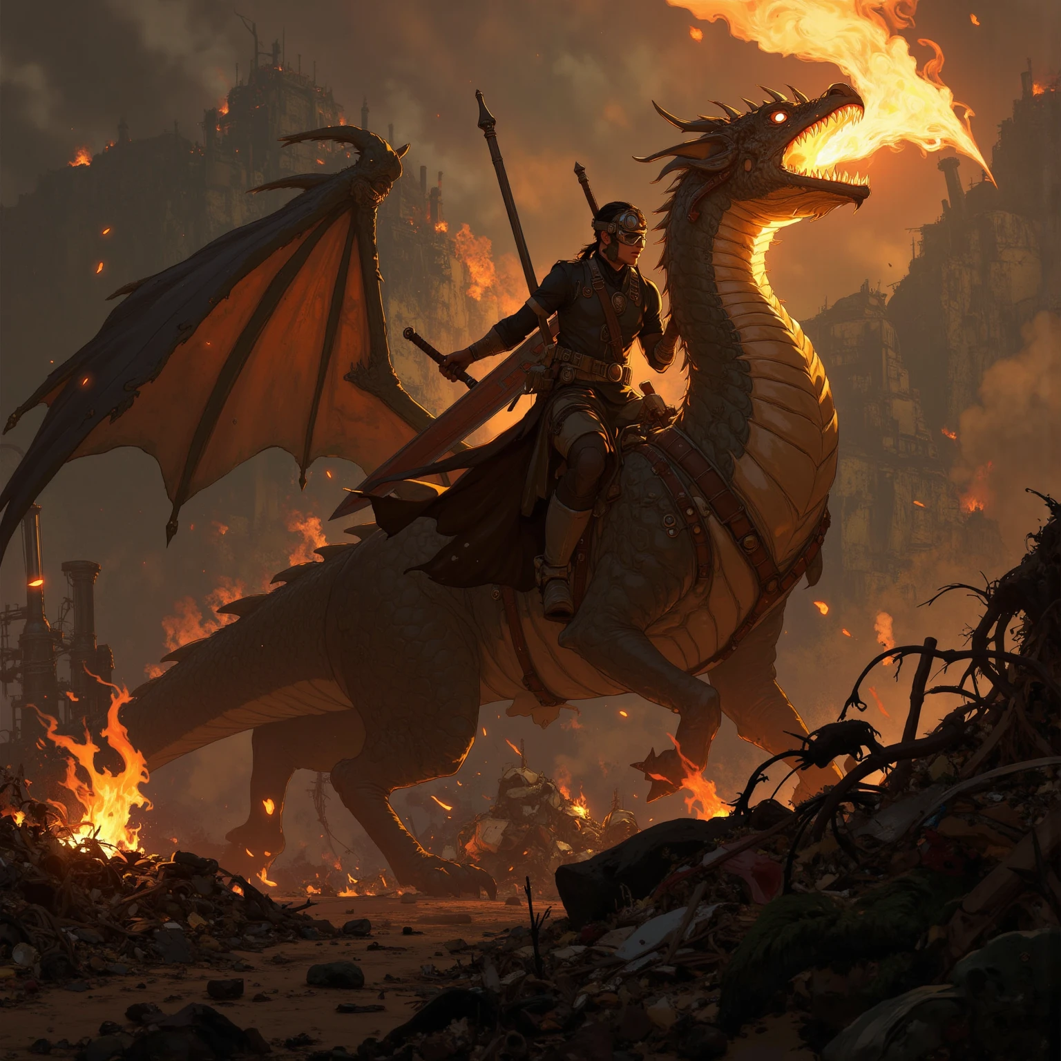 ((Best Quality)), ((Masterpiece)), ((Realistic)), ((Valkyrie)), Standing boldly before a roaring dragon's head, amidst a smoke-shrouded courtyard of a medieval fortress, due to the dragon's destructive flames shortly before the collapse stands. Debris and ash dance in the air as stray rays of moonlight find their way through the smoke into the courtyard, casting dramatic shadows. The Valkyrie, impressive in her detailed armour, her stance resolute, holds her sharp-forged spear ready to confront the dragon. Her helm reflects the flickering fire erupting from the dragon's head. Every piece of their armor and every element of their appearance speaks of their bravery and willingness to fight. The scorpion fish is a masterpiece in its own right, with bright, fierce eyes and sharp teeth protruding from its wide-open maw. Smoke and sparks rise from its nostrils, creating an ominous aura. Its mighty scales gleam in the dim moonlight, every detail testifying to its fearsome presence. The entire scene is lit by the flickering flames that eat away at the stonework of the once-proud fortress. One can clearly see the rough masonry, the cracks in the stones and the dust rising from the collapsing walls. Eye to eye, quaint, masterpiece