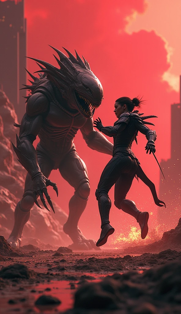 Lucy Liu in a scifi sexy battle suit (pink chrome) wielding a light sword (pink), bubblegum hair, streets of Bangkok challenging an Alien Xenomorph 'ROUND 1 FIGHT!' written in large letters along the bottom of the screen (Alert: only one light sword, only one light sword blade)

