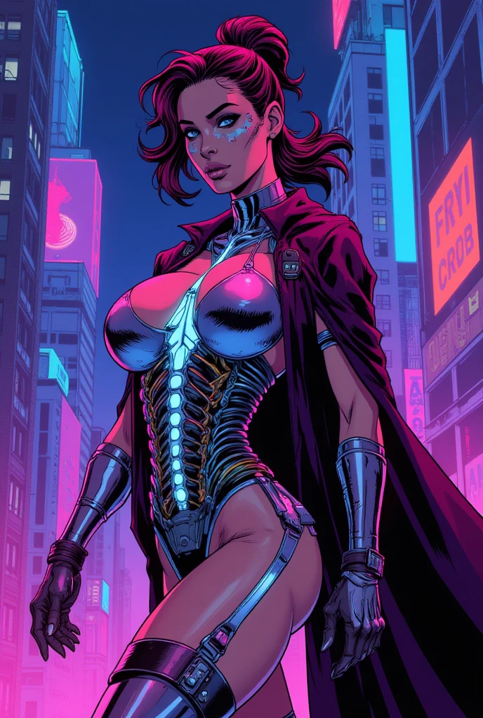 (best quality,ultra-detailed,realistic:1.37),woman cyborg,red eyes,evil,anime,huge ,sleek metallic body,expressionless face,glowing circuits,enormous energy blade,mechanical limbs,dystopian city backdrop,neon lights reflection,dark and ominous atmosphere