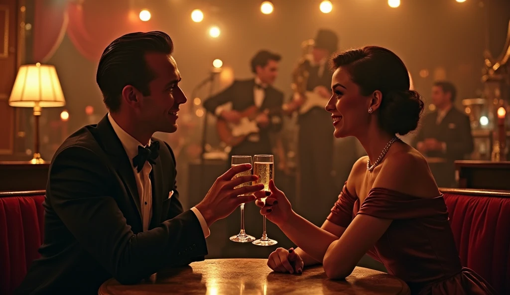 A beautiful woman sitting on the couch talking to a man who is wearing a suit, the focus is from afar, they are drinking water in glass form, and on the sofa there is also a Gibson Les Paul guitar, the image is 60s style.