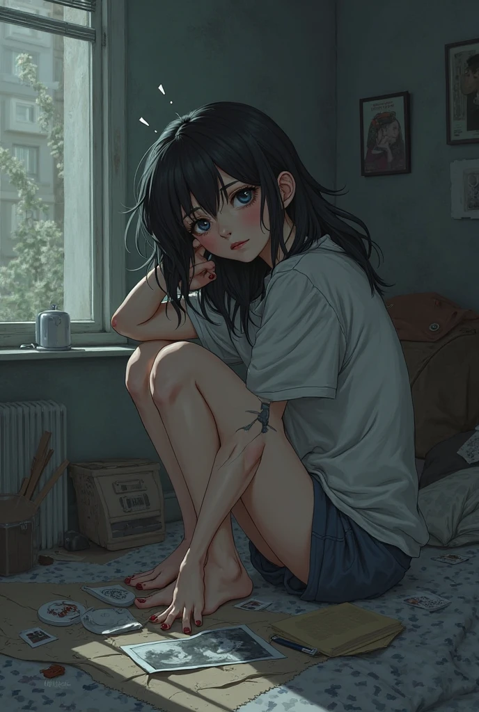 One girl,alone,Highest quality, masterpiece, 8K,born photograph, photograph (object), Very detailed, born,Realistic,Sitting, View your viewers,jeans,White T-shirt,Long Hair,Black Hair, sofa,