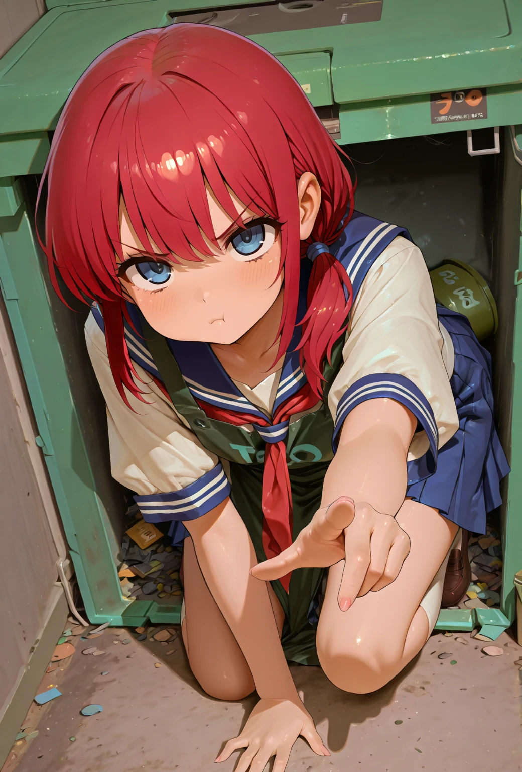 (masterpiece, best quality), best resolution, (2heads:1.5), 1girl, prisoner, short orange hair, green eyes, blue prisoner uniform, bored, sleepy, sitting on a prison bench, prison cell