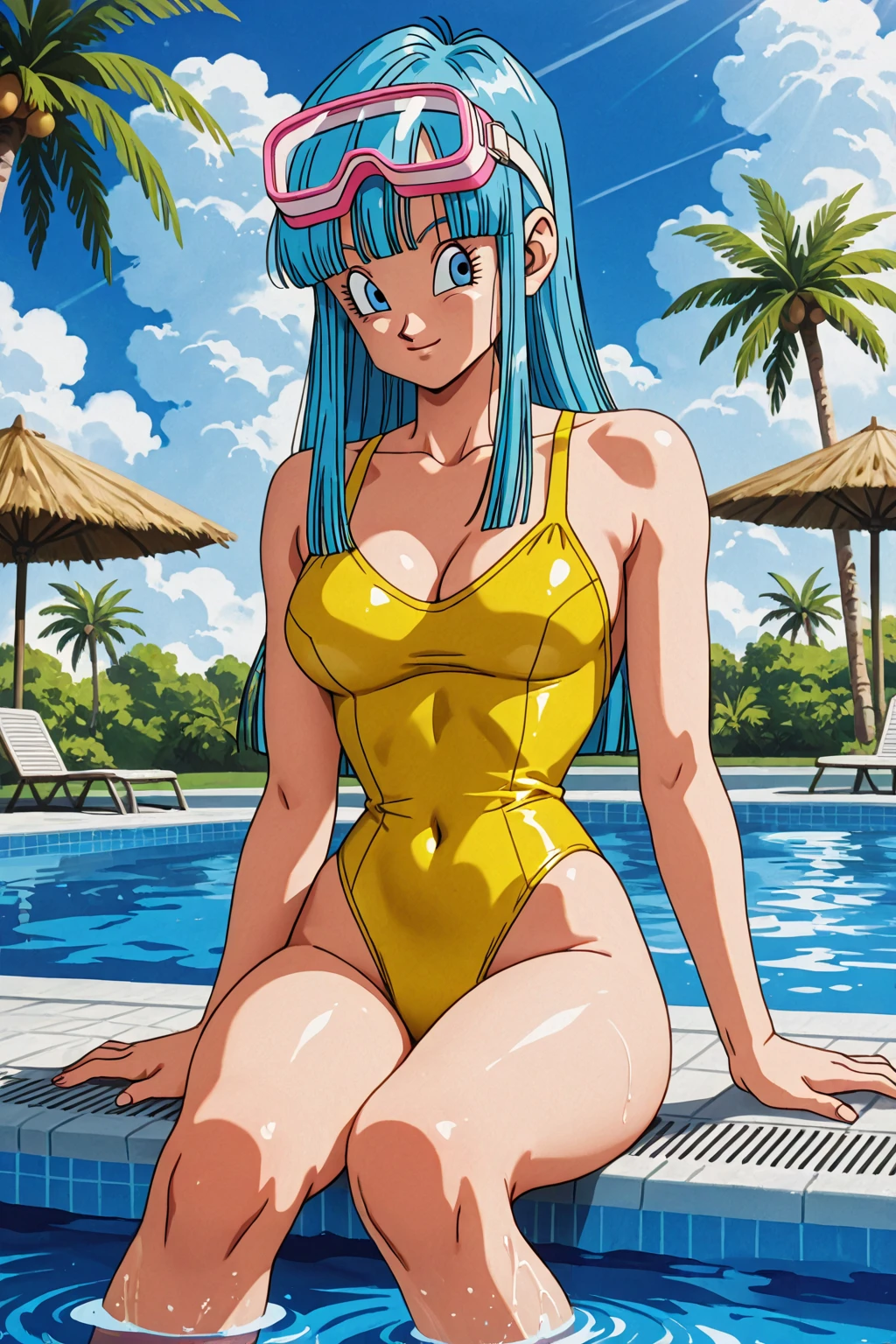 masterpiece, best quality, highest quality, photorealistic, perfect anatomy, perfect face, perfect eyes,
<lora:marondballz_ex_03:0.9>, marondballz, blue hair, 1girl, solo, swimsuit, breasts, one-piece swimsuit, sky, cloud, outdoors, day, cleavage, blue sky, medium breasts, blue eyes, ocean, long hair, smile, cowboy shot, horizon, beach, bangs, cloudy sky, water, collarbone, blunt bangs, yellow highleg swimsuit, sexy pose