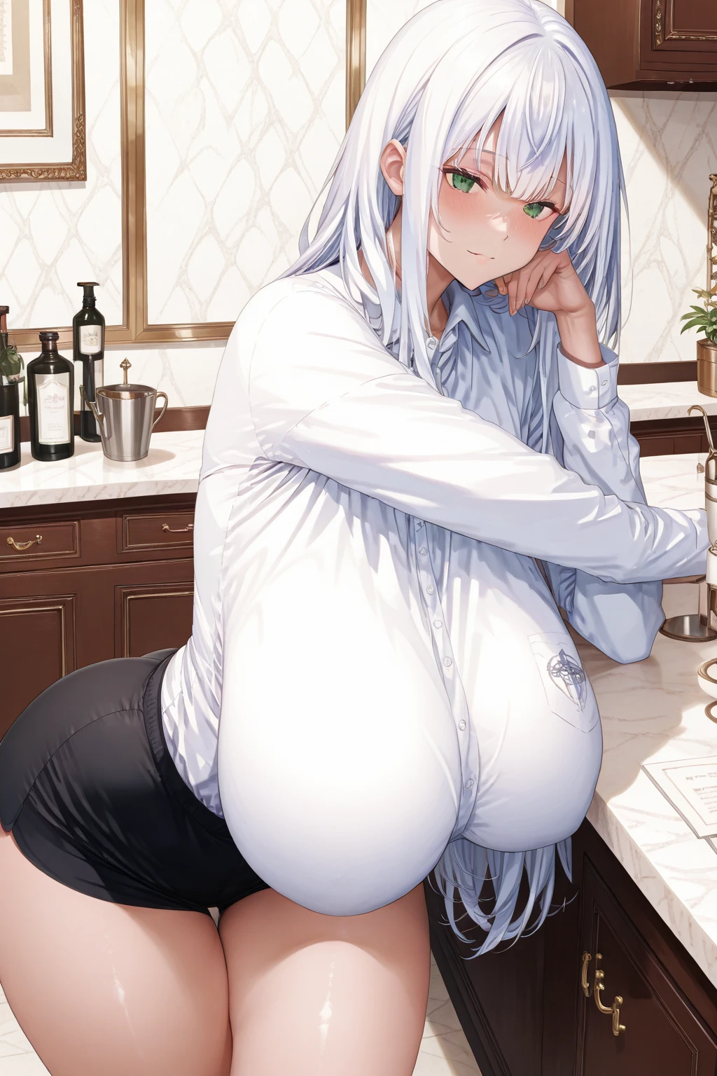 Silver Hair、(((Huge Breasts)))、Long Hair、Glare