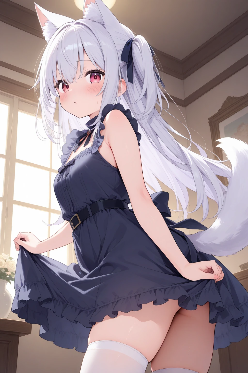 highest quality、High resolution、masterpiece、Anime characters、girl、Silver Hair、Red Eye、mini skirt、Looks sleepy、Bedroom
