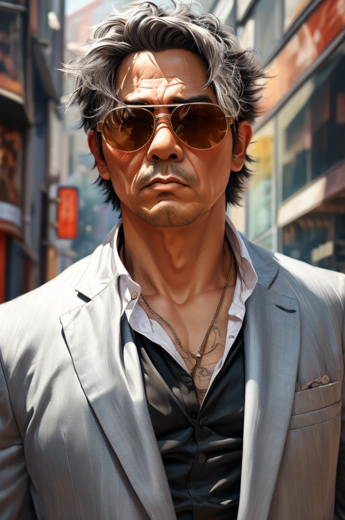 1boy, solo, kazuma kiryu, ryu ga gotoku, yakuza, (black hair, brown eyes, short hair:1.25), (spiked hair:1.3), thick eyebrows, (goatee, beard:1.35), (collared shirt, white suit:1.35), jewelry, necklace, chest hair, wristwatch, mature male, manly, muscular, upper body, looking to viewer, walking, in the streets of Okinawa, holding cigarrette, smoking, (realistic:1.5), (cinematic color, color accuracy:1.45), (masterpiece, best quality:1.5), extremely detailed, high resolution, 8k uhd unity wallpaper, <lora:Kazuma Kiryu:0.7>