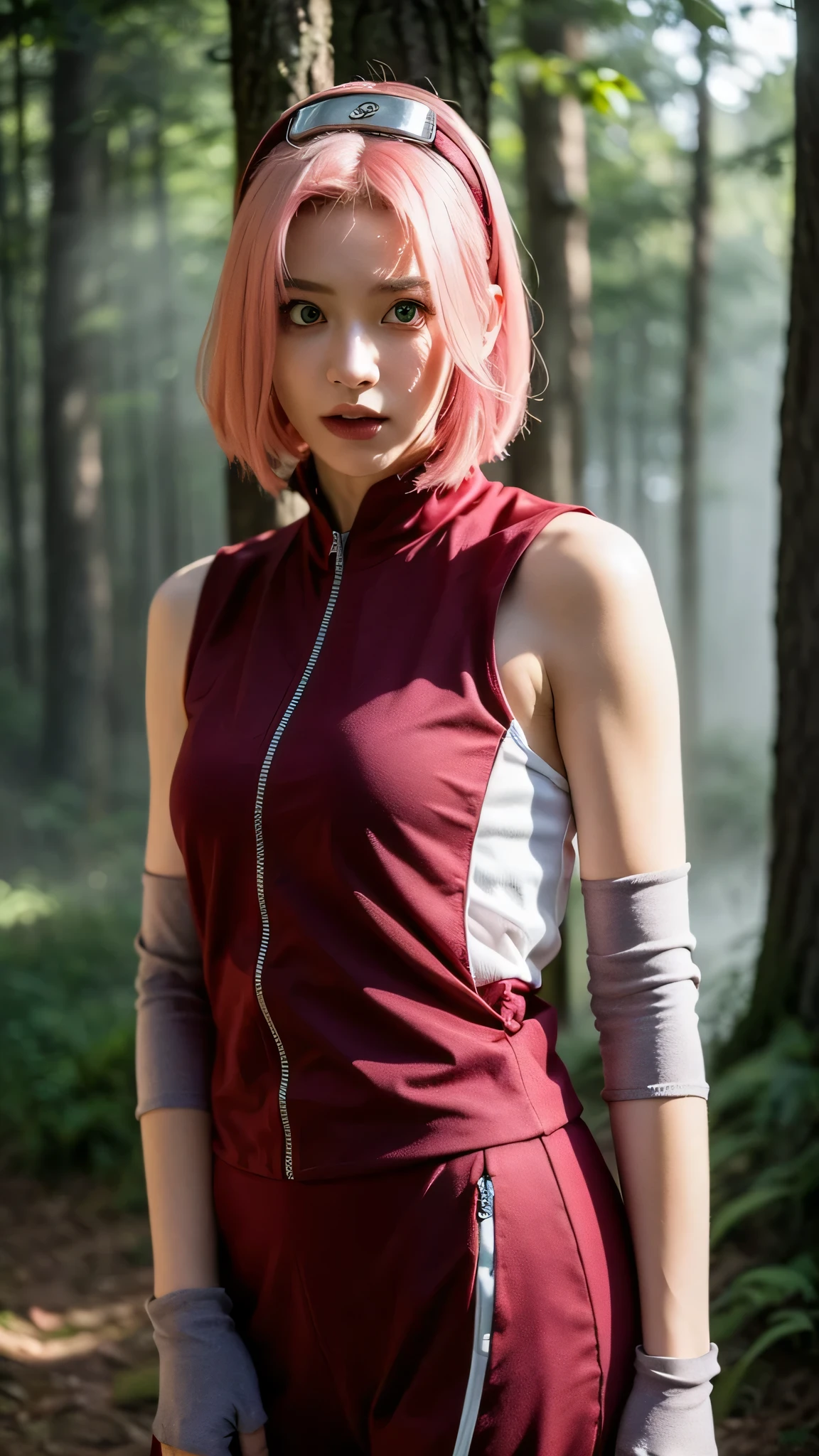 A hyper-realistic portrait of Haruno Sakura from Naruto Shippuden, reimagined as a real-life young woman in her early 20s. She has short, straight pink hair with a natural texture, parted to one side, and striking emerald green eyes that reflect intelligence and determination. Her skin is smooth and fair with a slight rosy undertone. She wears a modern, realistic version of her red ninja outfit—sleeveless zip-up top with subtle armor plating, fingerless gloves, and a ninja headband resting around her upper arm. Her expression is calm but intense, with a hint of warmth. She stands in a misty forest background, soft light filtering through the trees. Her posture is confident, and her physique is lean and athletic, reflecting a trained medical ninja. Her forehead seal (Byakugō no In) is faintly glowing, indicating her inner power. Real-world textures, cinematic lighting, and photorealistic style. High detail, 8k resolution, ultra sharp focus, dramatic depth of field