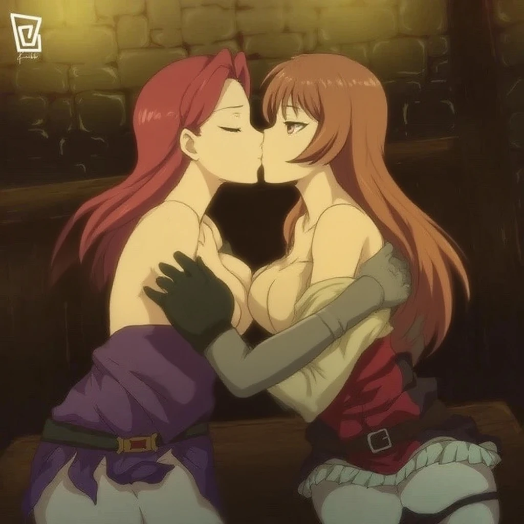 masterpiece, best quality, SelvariaBkess kiss Roxanne Demikin flyffy dog ears, 2girlskiss, kissing each other, red bennie, sitting full body on bed clenched fists hands on waist, strong abs
