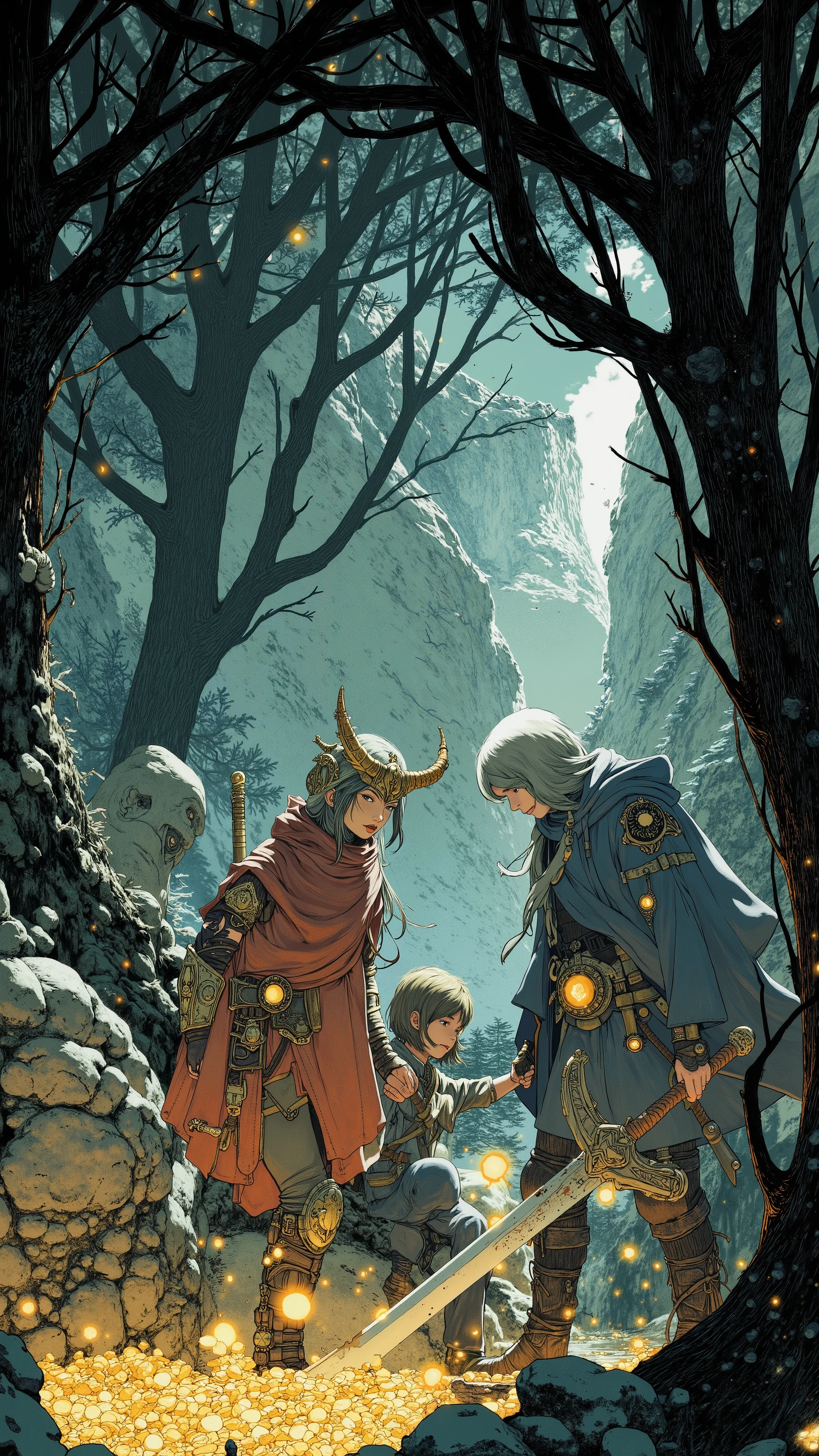 Images of 3 adventurers discovering treasure in the depths of an underground dungeon, Fairy Tale Illustrationssスタイル, Fairy Tale Illustrations, swordsman in fantasy land、Wizard、Martial Artist, Fairy Tale Illustrations線画 , Fully equipped、fairy tale style artwork , Official Illustration , affectionate {x} Imaginative!!, picture book style illustration, full color illustration, more detailed illustrations