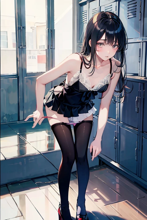 woman、Black Hair、Short Bob、short hair、Small breasts、Visible nipples、Black Bra、Lace Bra、tights、garter belt、Urinating in prison、Squat positions、Spread your legs、bare hands、Armpits、Stunned face、receive an electric shock