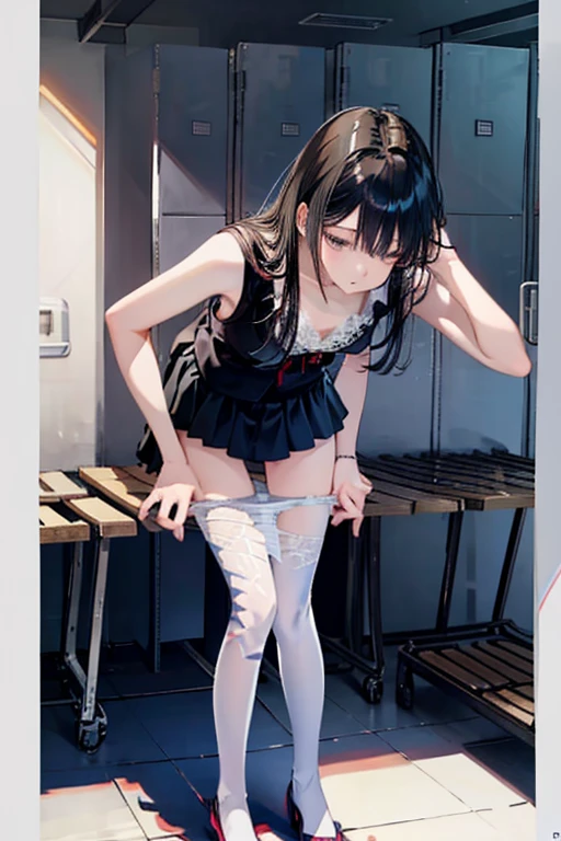 absurdres, RAW photo, extremely delicate and beautiful, masterpiece, Best Quality, ultra high resolution, 32k, hyperrealistic, ultra-detailed, in her 20s, delicate facial features, tearful mole, earring, medium breasts, full body shot, shorter middle hair, black hair, summer school_uniform shirt, sleeveless,