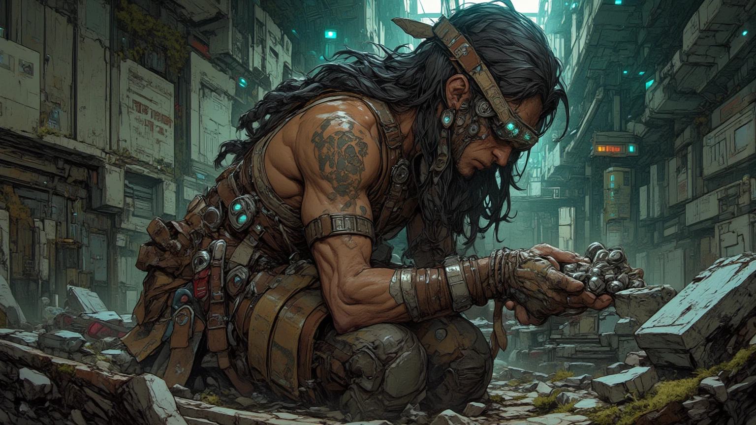 (masterpiece) highly detailed RAW, a post-apocalyptic man, cyberpunk city themed rainbow vivid, hassanfantasy style, by Jeremy Mann and Donato Giancola ultra realistic highly detailed intricate photorealistic, muscular