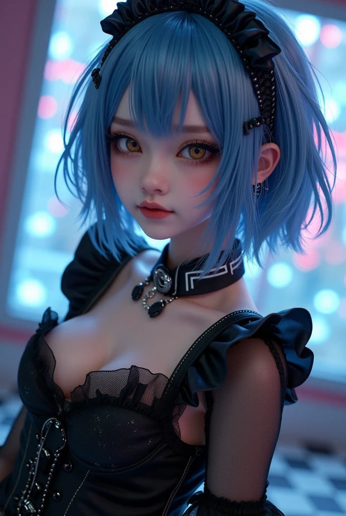 Hoshimachi Suisei,blue eyes,blue hair,choker,hair between eyes,medium hair,side ponytail,Star choker,(small breasts:1.2), 
BREAK black dress, dress, fur coat, high collar, jewelry, necklace, off shoulder, taut clothes, taut dress,
BREAK (((vibrant background of outside, flowers, bright lighting, summer, sunlight))), flat chested, looking at viewer, ((head:1, hips, elbows, arms, in view)),
BREAK (masterpiece:1.2), best quality, high resolution, unity 8k wallpaper, (illustration:0.8), (beautiful detailed eyes:1.6), extremely detailed face, perfect lighting, extremely detailed CG, (perfect hands, perfect anatomy),