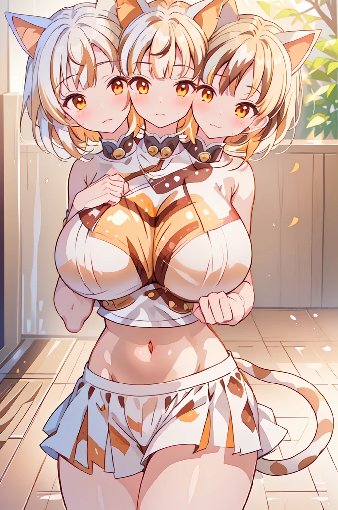 (masterpiece, best quality), best resolution, (3heads:1.5), 1girl, brown hair, long flowing hair, braided hair, smiling, seductive smile, open belly, white-gold crop top, white miniskirt, open breasts, big tits, very huge tits, feather on head, beautiful eyes, alluring presence,
